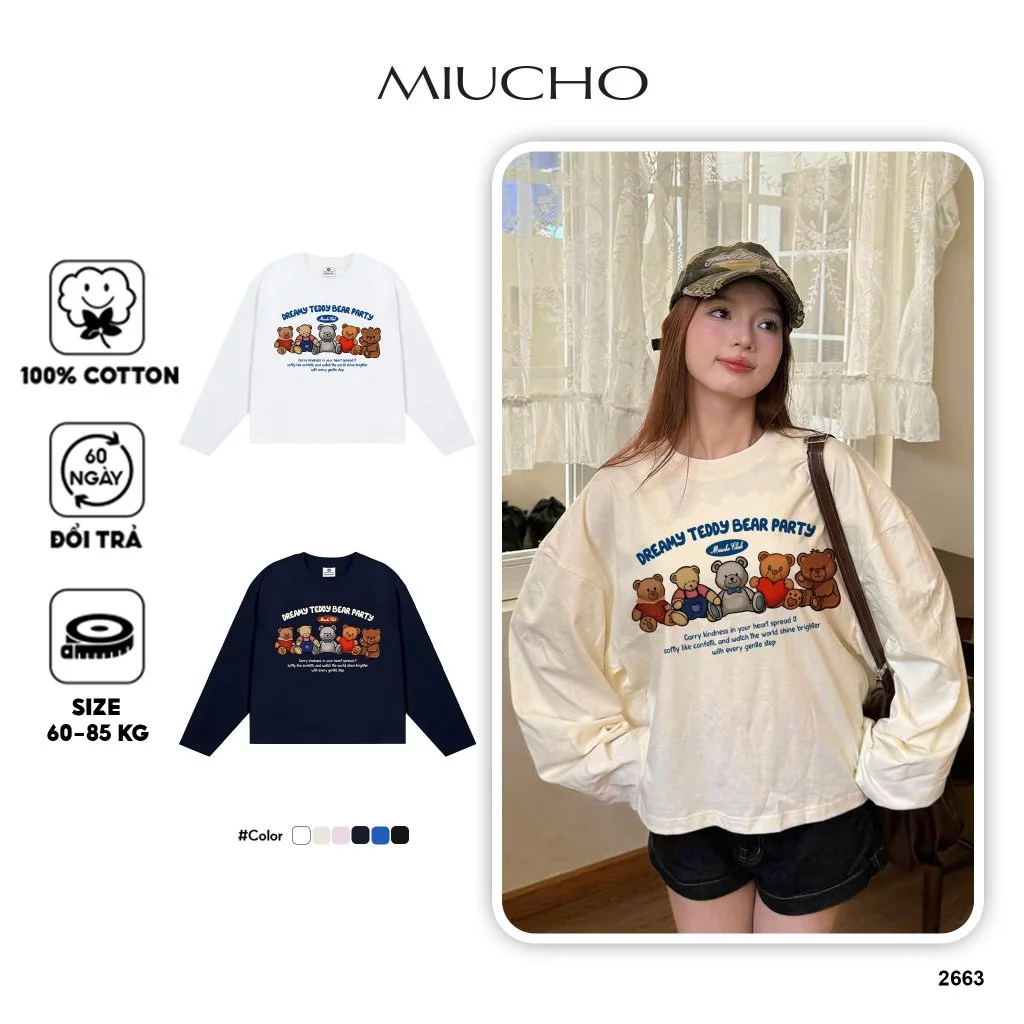 Áo thun tay dài form boxy Miucho vải cotton co giãn 2 chiều thoáng mát BST gấu teddy dễ phối đồ