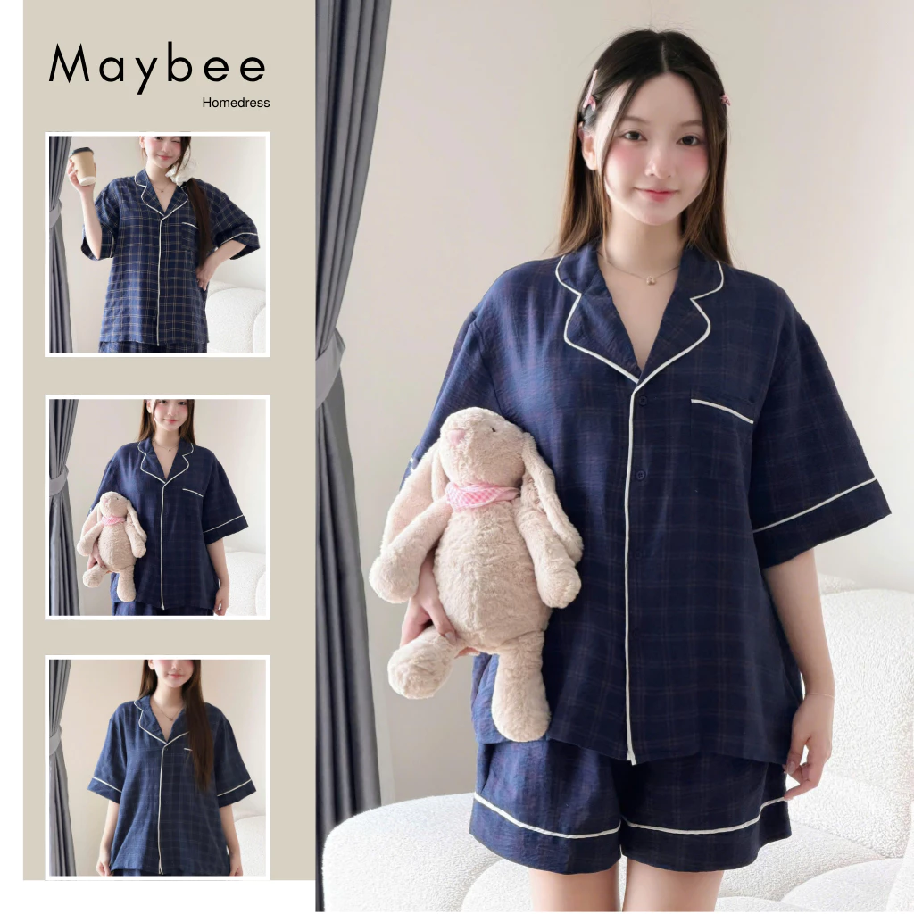 MB-SET-022 Set đồ ngủ ngắn tay xanh than kẻ ô vuông dáng rộng Maybee Homedress