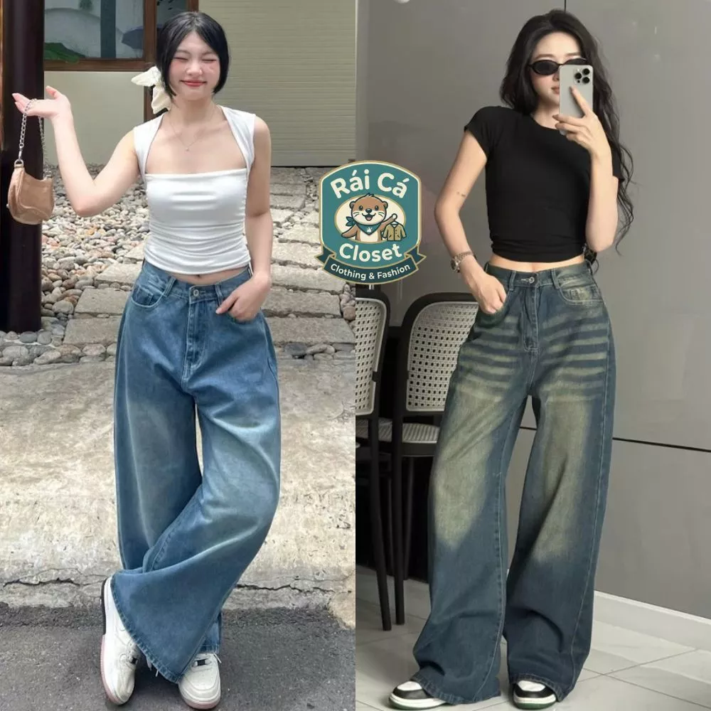 Quần Jeans RAICA Ống Suông Rộng 30CM  Dáng Đứng Lưng Cao Màu RETRO, Quần Bò Ống Rộng 30CM  Chất Jean XỊN