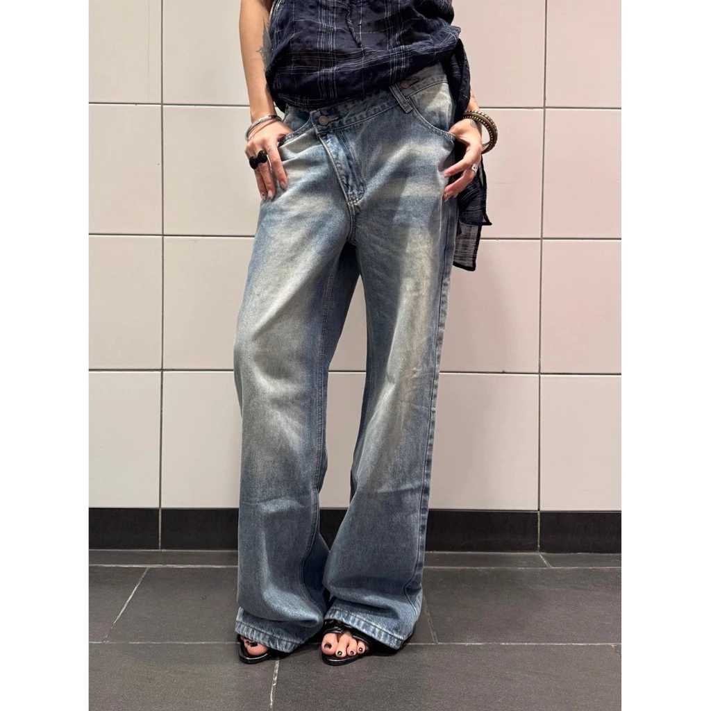 Quần Jean Nữ Cạp Lệch Wash Bạc Ống Suông Retro Style