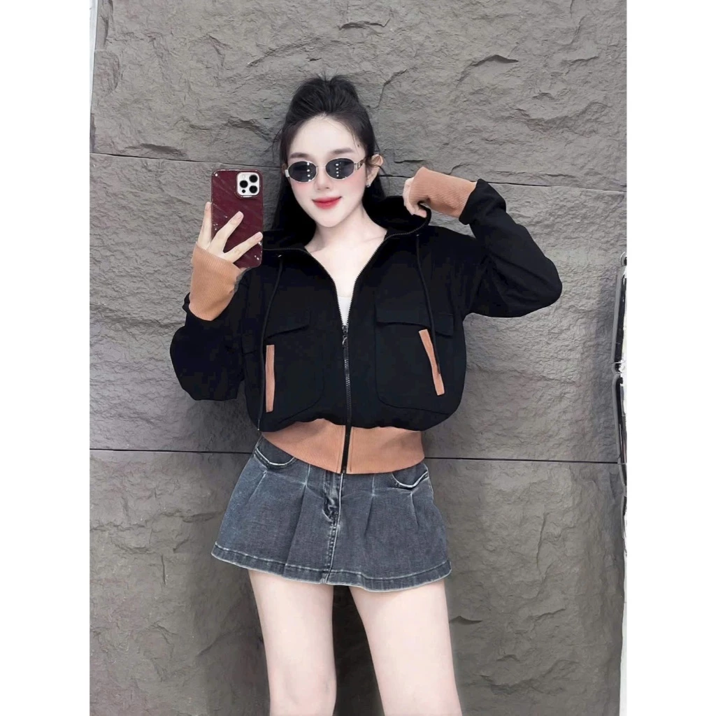 Áo Khoác Thun PC Cotton Nữ Croptop Có Mũ Phong Cách Hàn Quốc – Áo Khoác Zip Túi Hộp Cá Tính