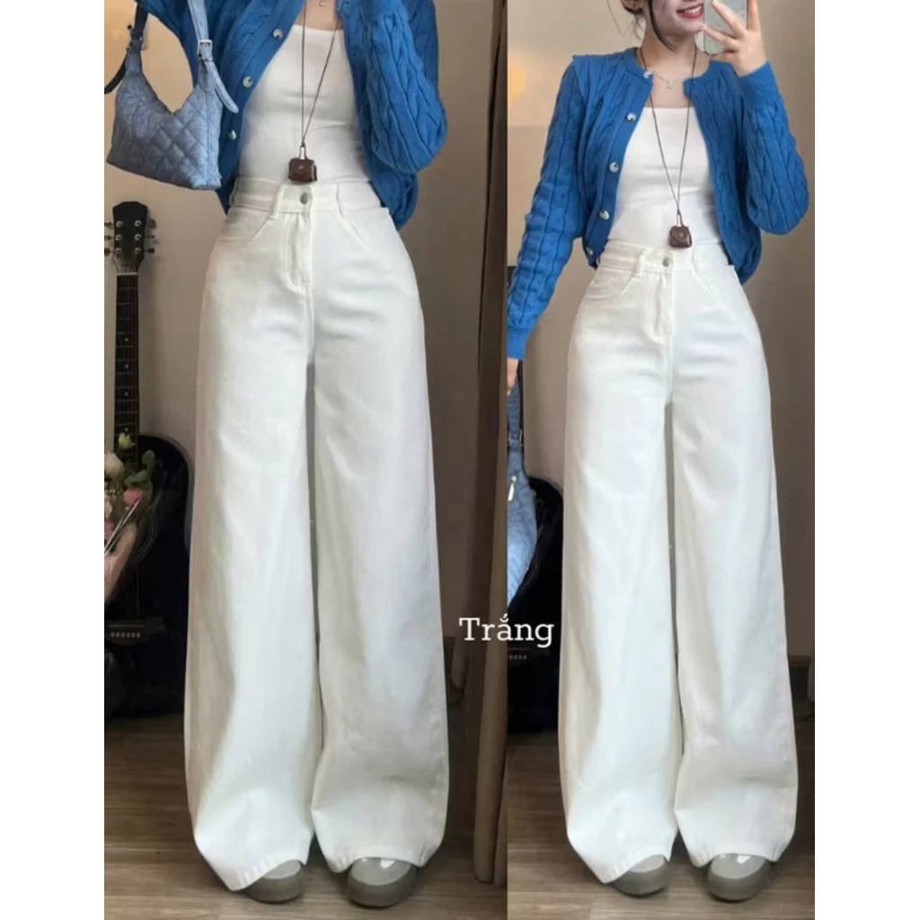 Quần Jeans Trơn  Quần Bò Suông Ống Rộng Cạp Cao Tôn Dáng Màu Trắng - Đen - Ong, Women