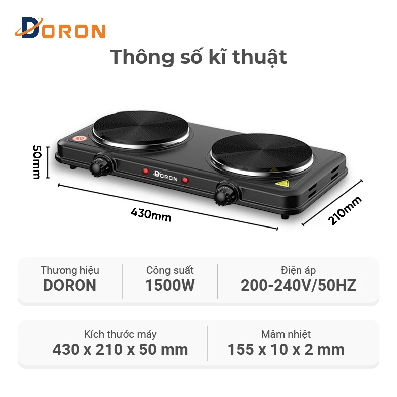 Bếp điện đôi, bếp điện mini DORON 3000W chống quá nhiệt, an toàn cho mọi gia đình