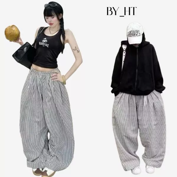 By_HT Quần nữ form Kẻ Sọc Ver2 Chất Đũi Gió Ống Rộng Phong Cách Hàn Quốc