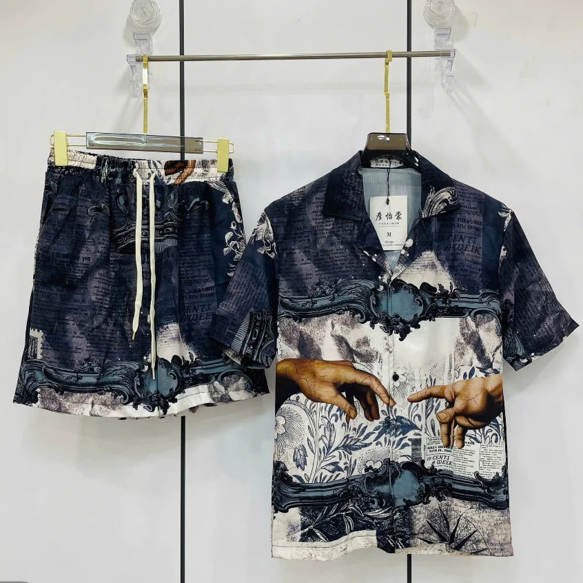 bộ đồ ngắn tay nam mặc mùa hè chất lụa họa tiết, bộ sơ mi ngắn tay nam chất lụa PLN fashion N10