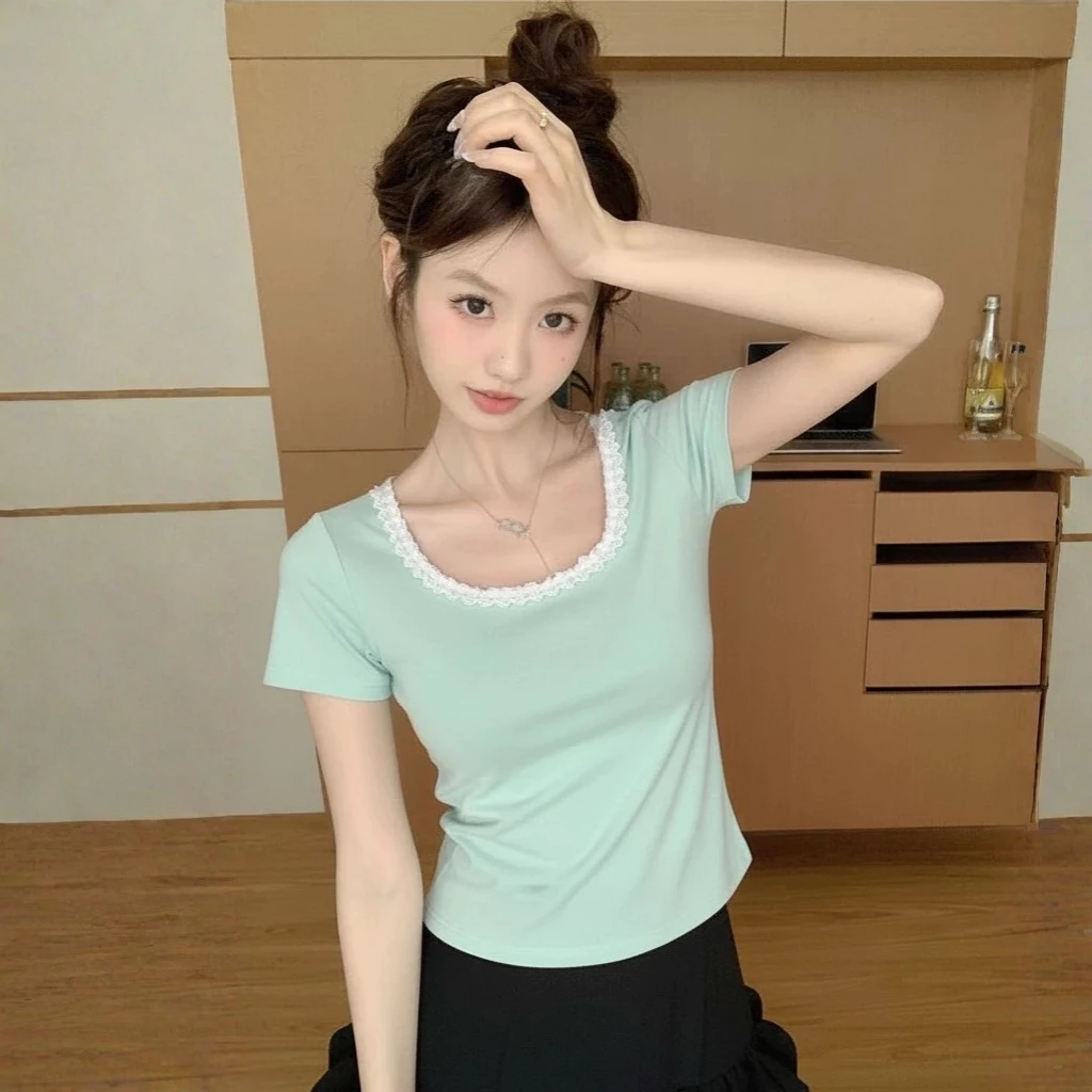 [XẢ HÀNG] Áo Thun TAY NGẮN CỔ U PHỐI REN DÁNG DÀI Nữ Nhiều Màu BM249, Chất Thun Gân Kiểu Trơn, Áo Thun Babytee TOVEE