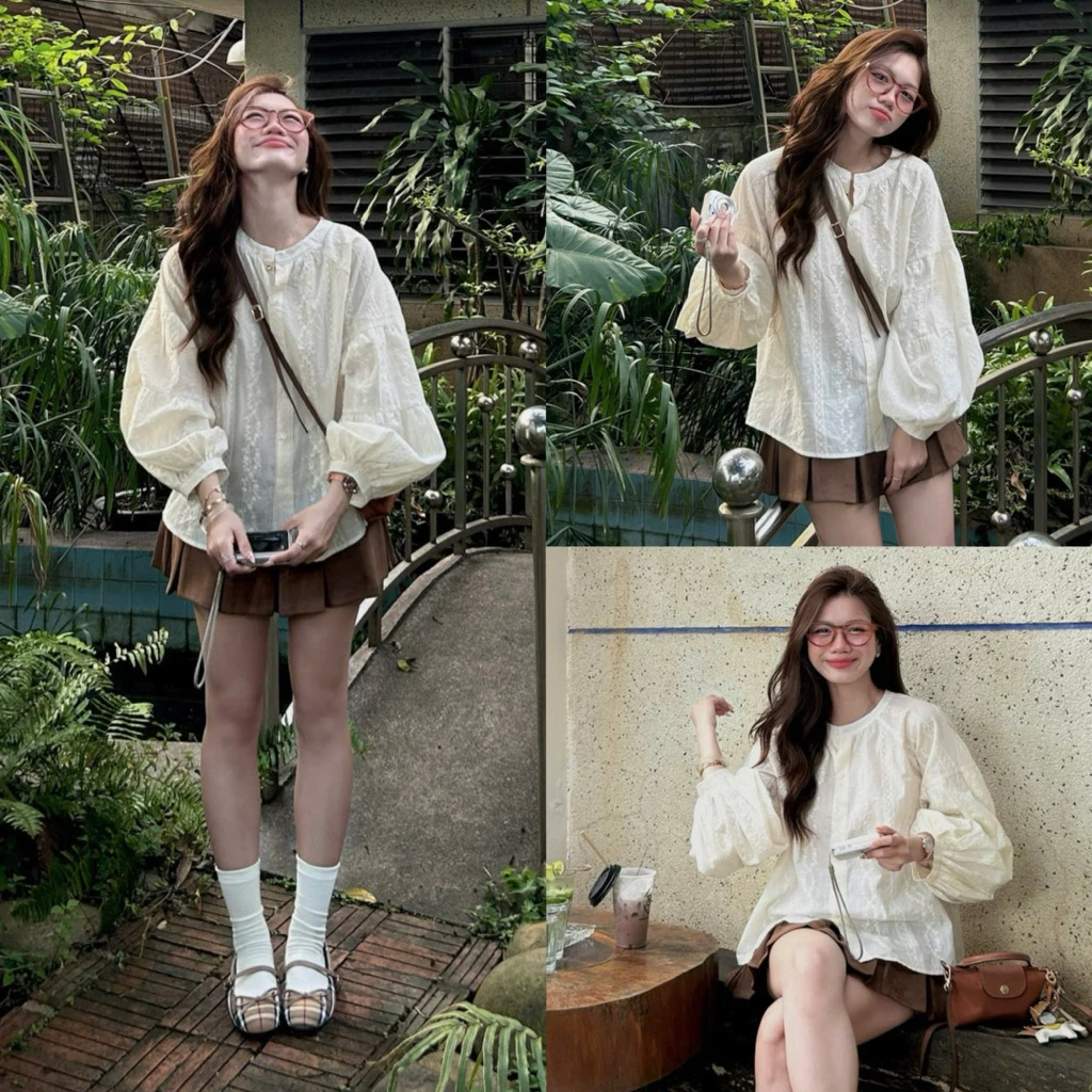 (ẢNH OLDSCHOOL) (TẶNG KÈM ÁO QUÂY) Áo ren xô hoa cổ tàu tay phồng dáng rộng Michu Babydoll