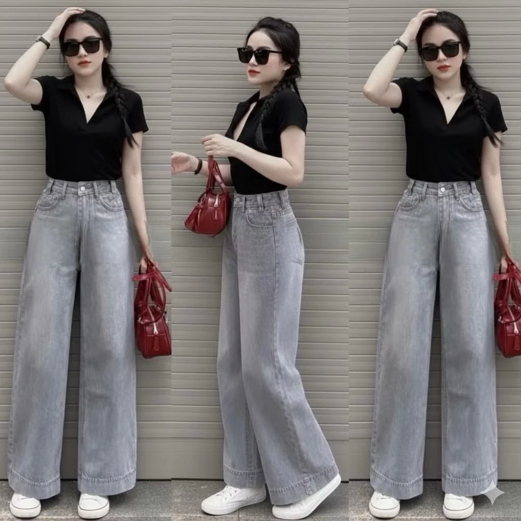 (S-XL) Quần jeans suông trơn màu xám khói gấu to chất jeans mềm lưng cao hách dáng