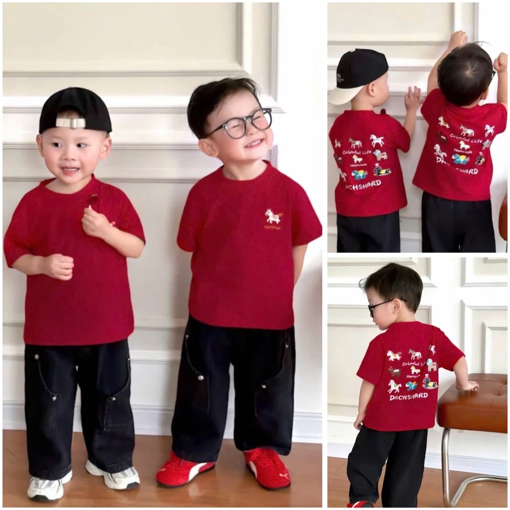 Áo Phông Ngựa May Mắn Xuân Bính Ngọ 2026 Chất Liệu Cotton Mềm Mịn Cho Bé Trai Bé Gái 9-29KG