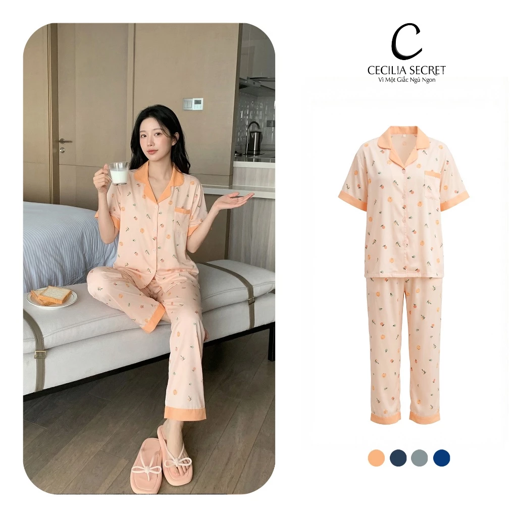 Bộ Pijama Tay Ngắn Quần Dài Chất Liệu Lụa Pháp Cao Cấp Mềm Mại Thoáng Mát Cecilia Secret