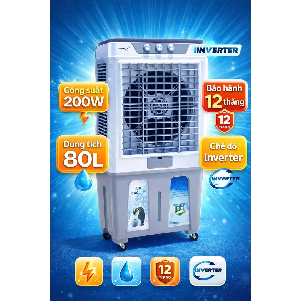 Quạt Điều Hòa Hơi Nước 45L Công Nghệ Inverter Lõi Đồng – Làm Mát Mạnh, Tiết Kiệm Điện