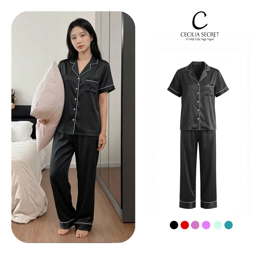 Đồ Ngủ Pijama Nữ Trơn Tay Cộc Quần Dài Chất Lụa Latin Mềm Mát