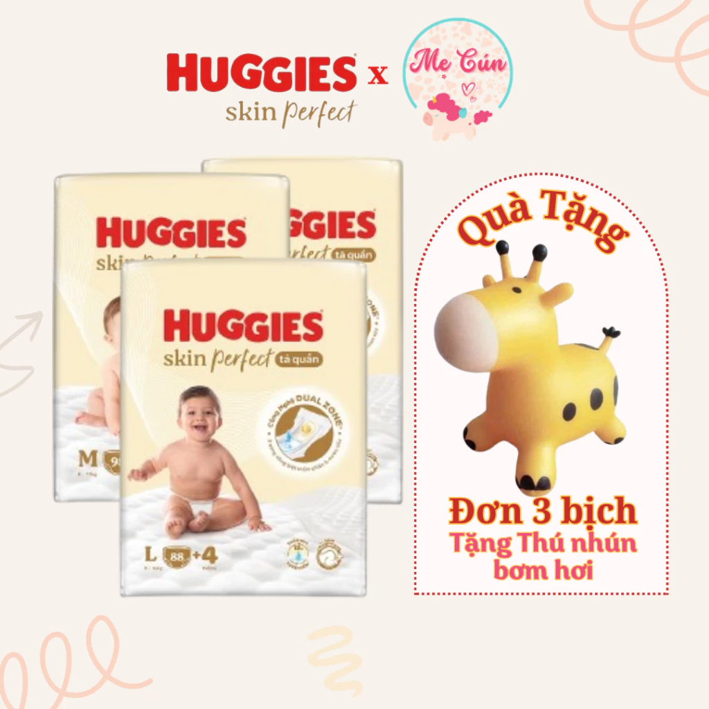 Bộ 3 bịch tã quần Huggies Skin Perfect M98+4, L88+4, XL72+4, XXL64+4 hai vùng thấm hút