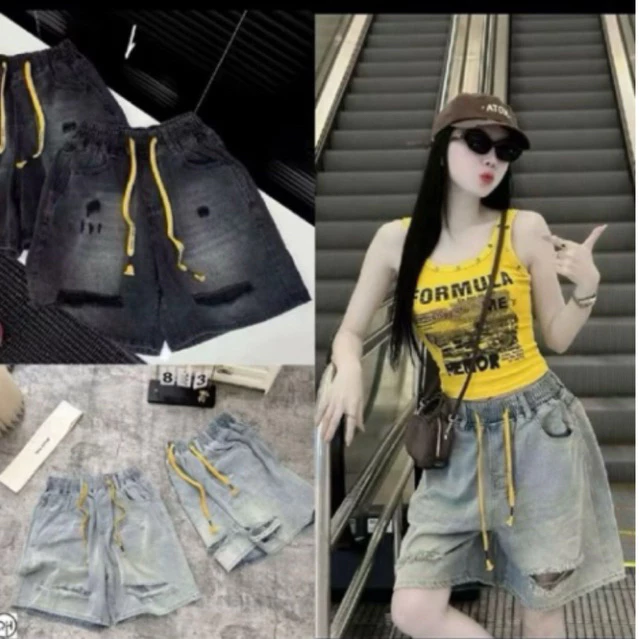Quần short jeans nữ phối rách-trơn cạp chun thoải mái mặc năng động cá tính