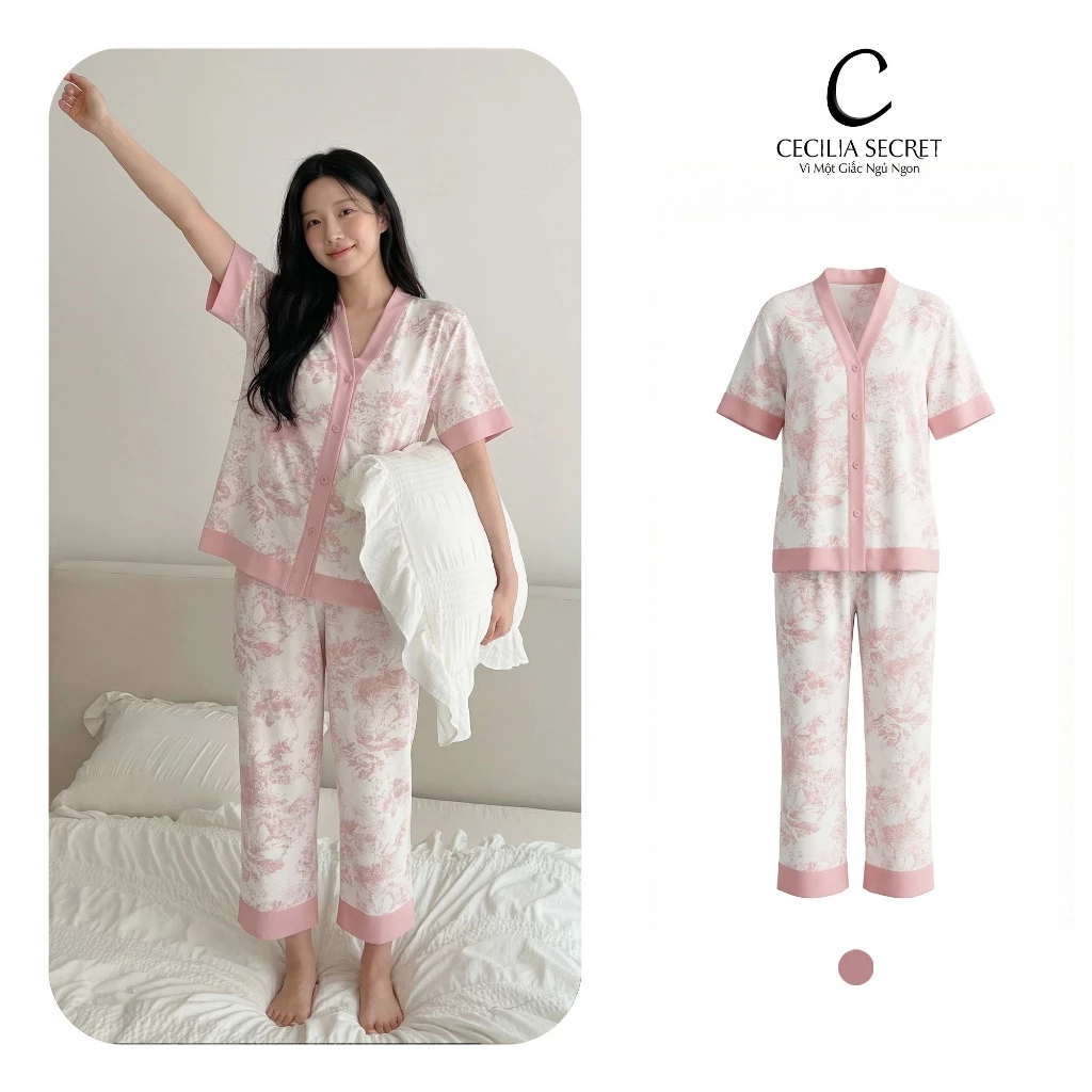 Pijama Lụa Cecilia Tay Ngắn Quần Cộc Họa Tiết Tranh Hồng