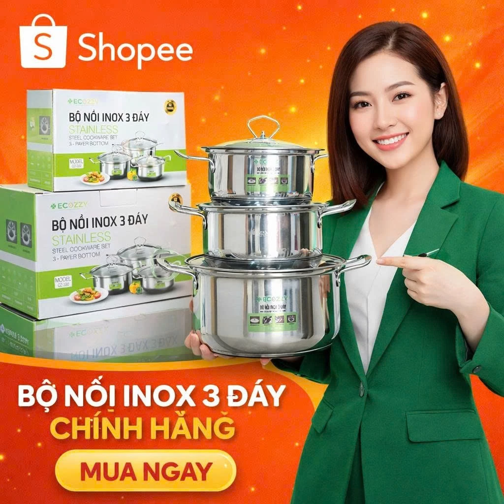 Bộ Nồi Inox 3 Đáy Ecozzy Cao Cấp – Dùng Bếp Từ – Chống Cháy – Bền Đẹp – Giao Nhanh