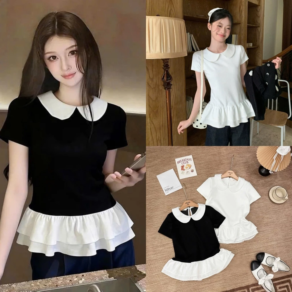 (Hàng Shop): Áo Thun Cổ Sen Mini Top Tay Cộc Mix Bèo Xoè Co Giãn 2 Màu Mix Đồ Siêu Hợp-Ảnh Thật Lollaye