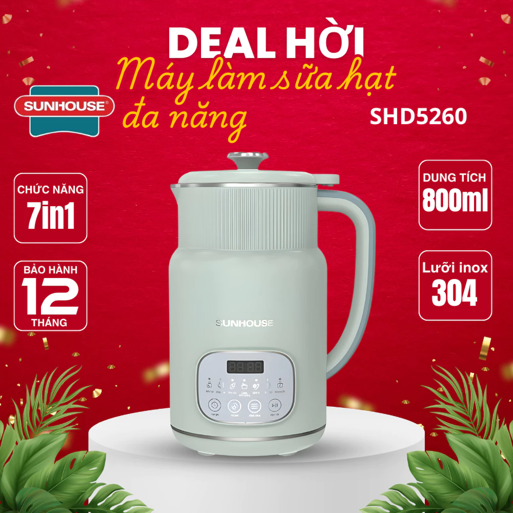Máy làm sữa hạt đa năng 7in1 SUNHOUSE SHD5260, Công suất 600w, Dung tích 800ml, Xay nhuyễn, mịn