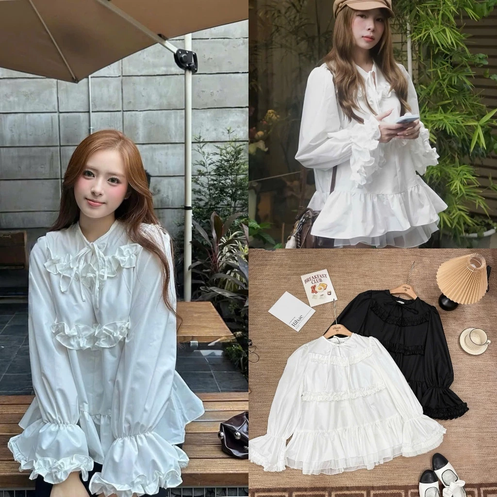 (Hot Trend): Áo Sơ Mi BBD Tơ Gấu Phối Bèo Cổ Dây Buộc Nơ Tay Loe Chun 2 Màu-Ảnh Thật Lollaye