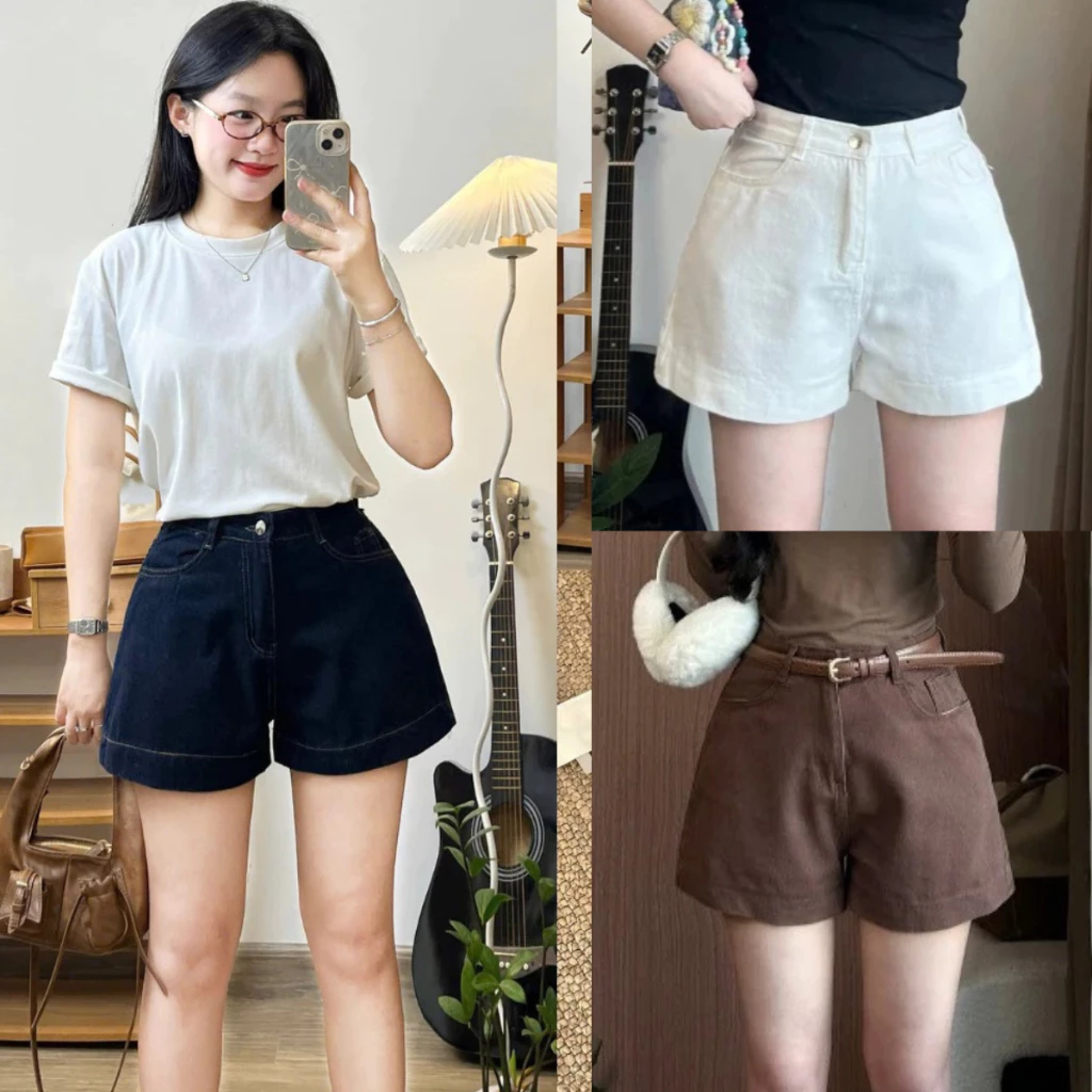 Quần Short Jean Nữ Màu Trắng MIAA cạp cao chất bò co giãn nâu MOCHA basic đi biển Lưng cao bigsize