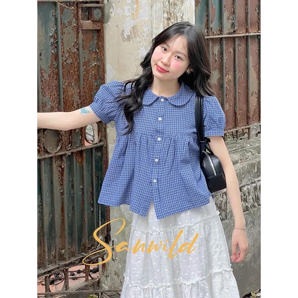 Áo Babydoll Cổ Sen Tay Bồng Chất Thô Kẻ Caro Nhỏ, Áo Sơ Mi Nữ Kiểu Dễ Thương [ Dead Mở Bán Giá Tri Ân ]