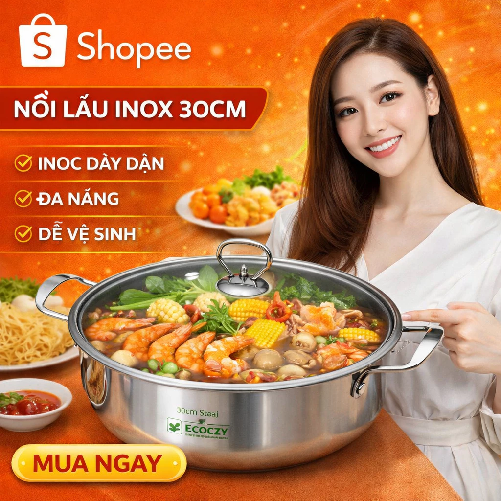 Nồi Lẩu Inox Chính Hãng – Phi 28 Và 30cm Dùng Mọi Loại Bếp, Bền Đẹp, Quai Inox Chắc Chắn,Vung Kính.