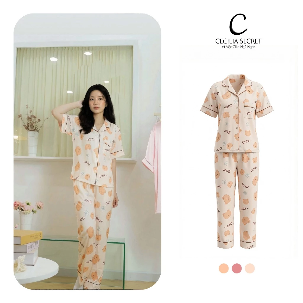 Đồ Ngủ Pijama Cecilia Lụa Mango Cao Cấp Trơn Tay Ngắn Quần Dài