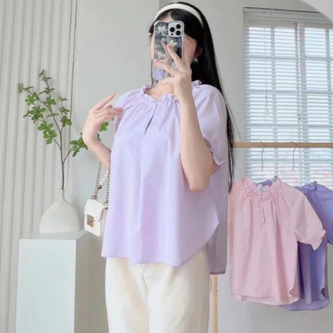 Áo Sơ Mi Nữ JASEY Cổ Nhún Tay Bồng Chất Thô Mềm Dịu Dàng Trẻ Trung 6052