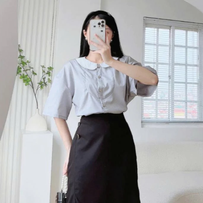 Áo Sơ Mi Nữ JASEY Công Sở Kiểu Cổ Sen Cộc Tay Dáng Suông Chất Thô Mềm 6054