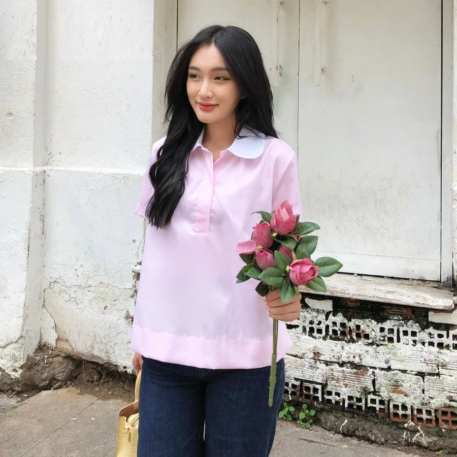 Áo Sơ Mi Nữ JASEY Công Sở Kiểu Cổ Sen Ngắn Tay 100% Cotton Thanh Lịch Thoáng Mát 6056