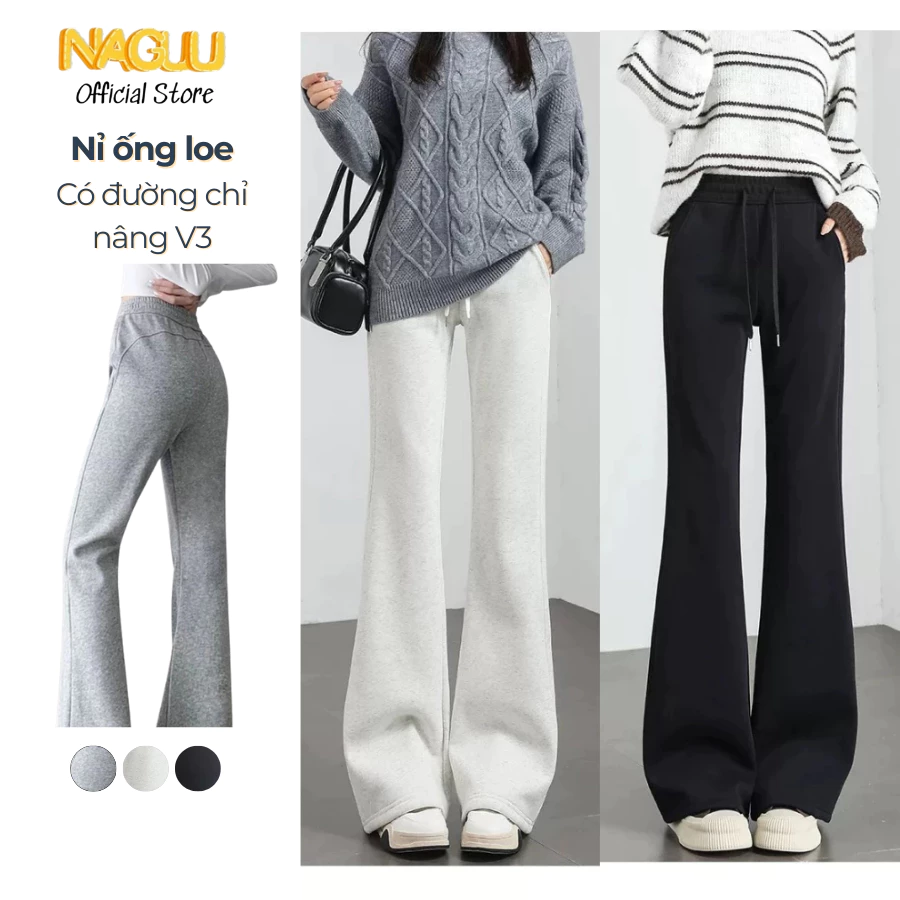 Quần Ống Loe Nữ Chất Liệu Nỉ Da NAGUU Nâng V3 Hách Dáng, Quần Nỉ Kéo Dài Chân Dày Dặn Sexy QNL