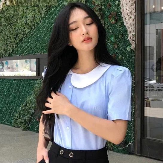 Áo Sơ Mi Nữ JASEY Công Sở Kiểu Cổ Sen Lệch Chất Thô Mát Phối Màu Xanh Điệu Đà Duyên Dáng 6057