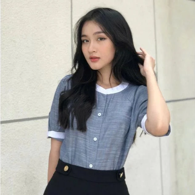 Áo Sơ Mi Nữ JASEY Cổ Tròn Tay Bồng Chất Thô Mềm Phối Màu Xanh Trắng Trẻ Trung 6058