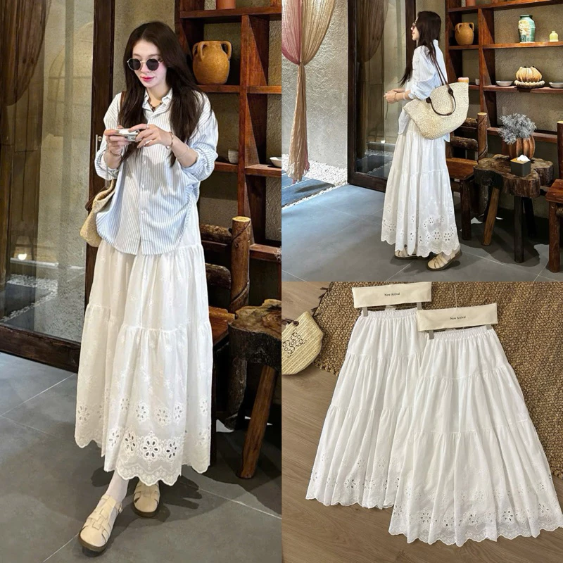 (ẢNH THẬT) Chân váy midi thêu hoa Flora 2 lớp lưng chun chất thô boi dáng xòe ren ulzzang Renee Store - V385