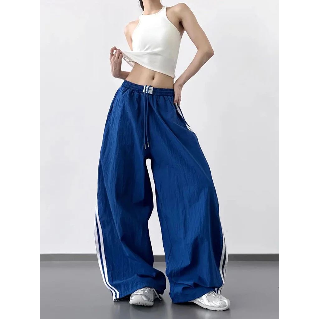 Quần Ống Rộng Vải Gió Nhăn Mỏng Nhẹ Thoáng Khí Hàn Quốc - Maylinhshop - Parachute Đen/Xanh Cobalt