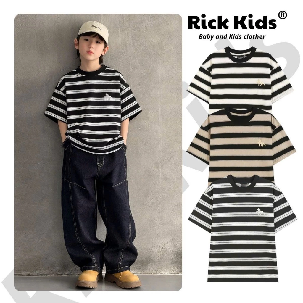 Áo Thun Cho Bé Trai Bé Gái Kẻ Sọc Thêu Ngựa Chất Liệu Thoán Mát Phong Cách Hàn Quốc - Rickkids