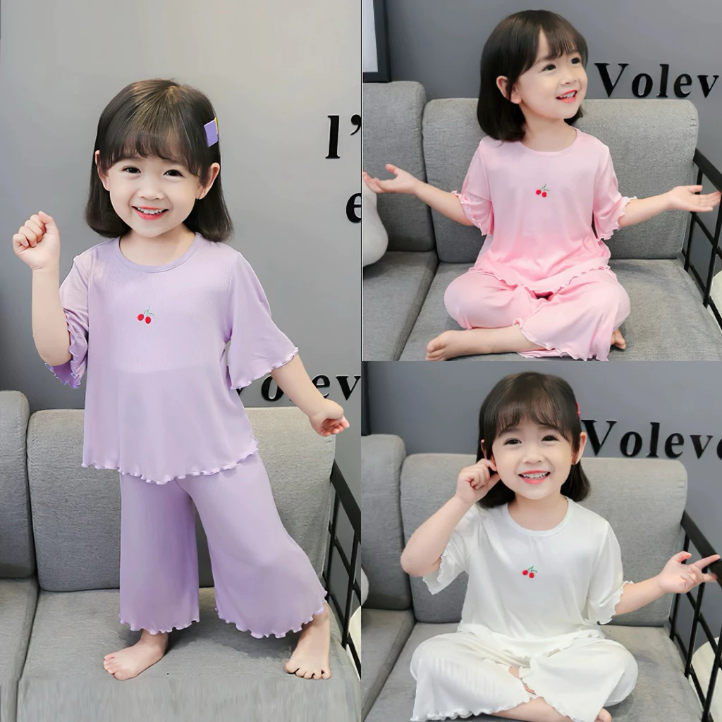 Bộ đồ bé gái Cherry dễ thương-đồ mặc nhà cho bé vải mềm mát tay bèo xinh xắn quần ống rộng thoải mái cho bé từ 2-7 tuổi