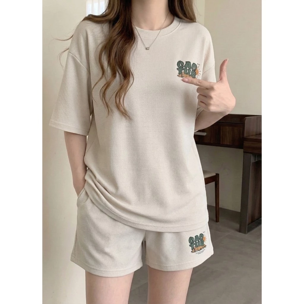 Set Bộ Nữ Cactus Áo Phông Và Quần Đùi - Maylinhshop - Chất liệu waffle thoáng mát