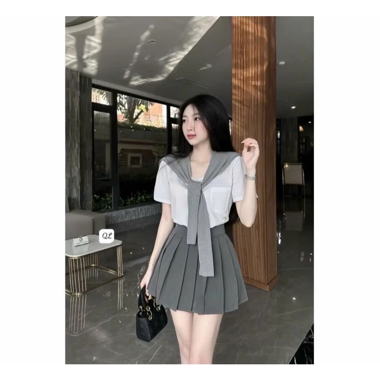 SET bộ thuỷ thủ nữ áo thun trơn kèm khăn quàng cổ phối chân váy xếp ly sang trẻ trung-mẫu hót 2026