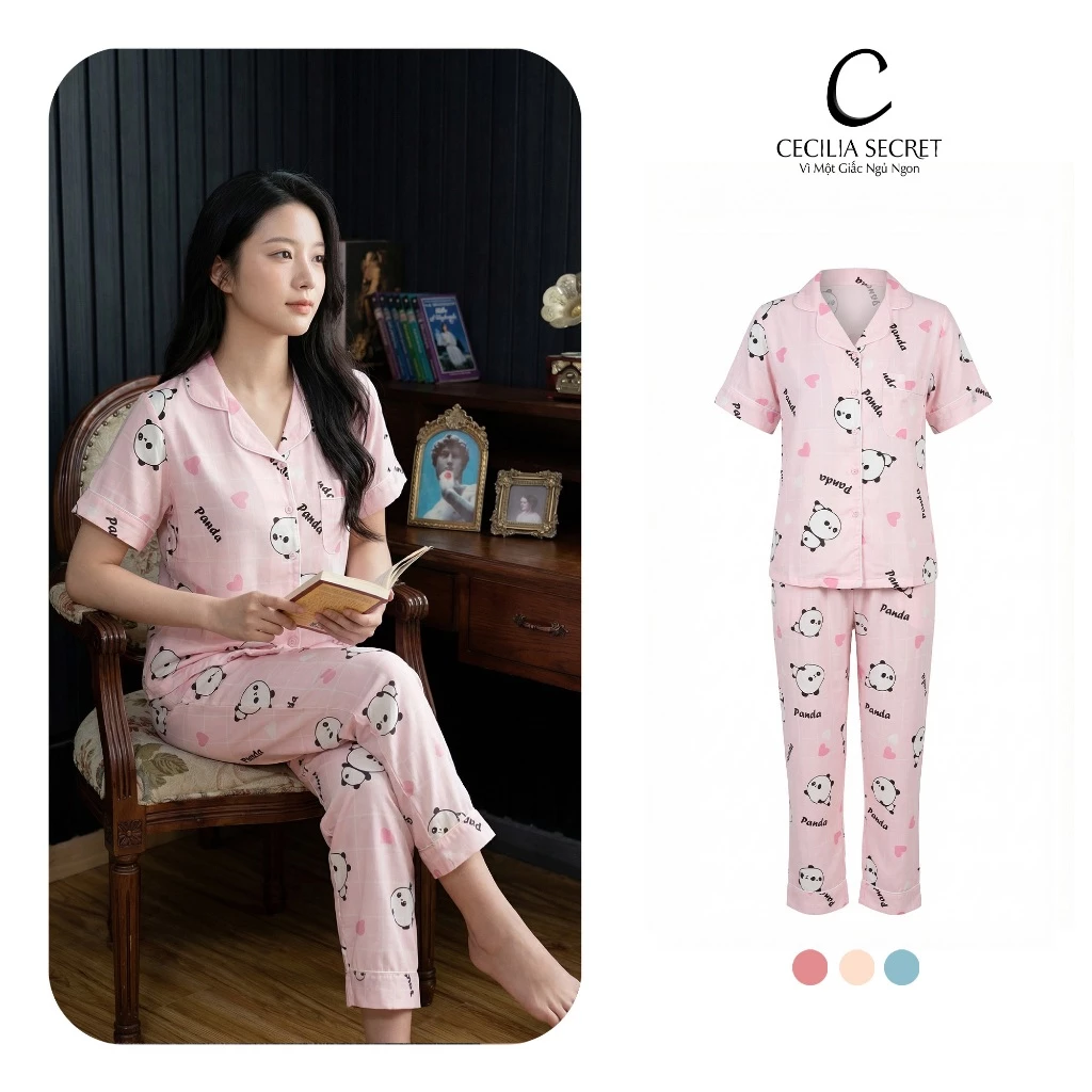Đồ Ngủ Pijama Cecilia Lụa Mango Cao Cấp Trơn Tay Ngắn Quần Dài Họa Tiết Panda
