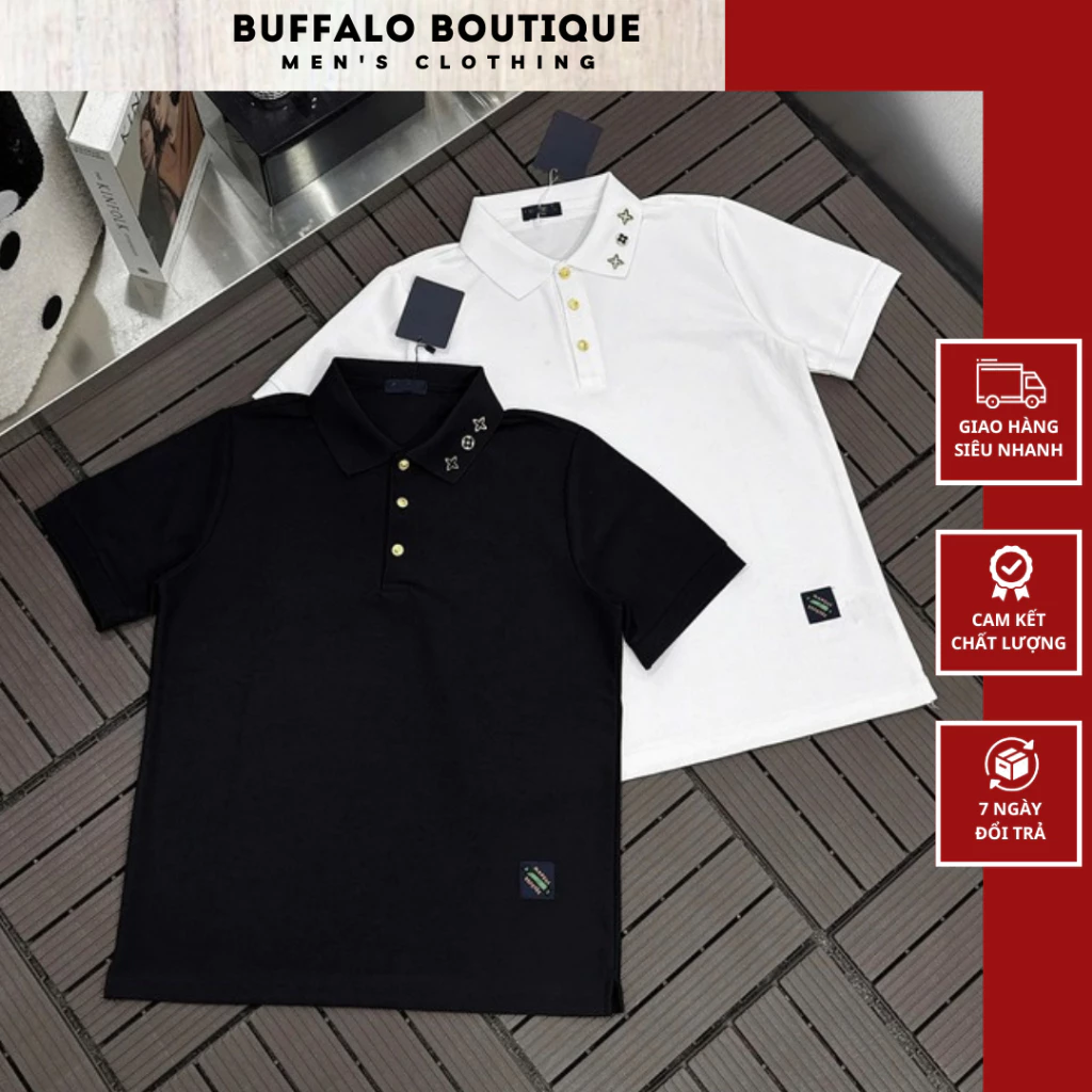 Áo Polo Nam Chất Cotton Gai Đính Hoa Cổ Áo V2 Cao Cấp - Áo Polo Nam Nữ Họa Tiết Cúc Vàng Siêu Đẹp