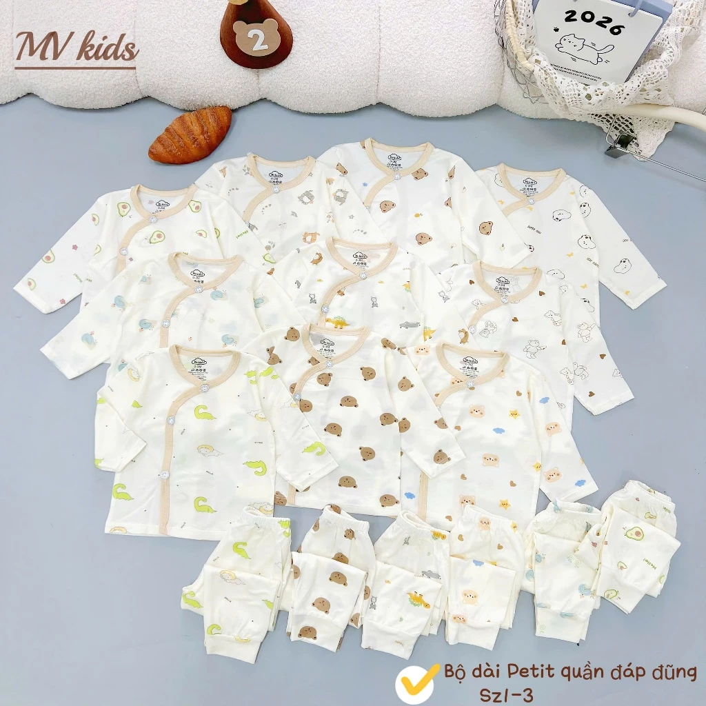 Combo 3-5 Bộ dài tay khuy chéo phối viền Boonhousee chất peptit mềm mại nền kem hoạ tiết cho bezzz