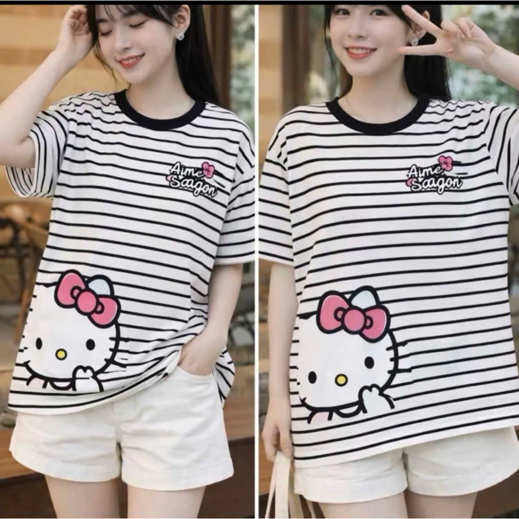 Áo kẻ cộc tay in hình Kitty mèo to from rộng