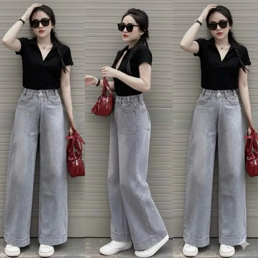 (S-XL) Quần jeans suông trơn màu xám khói gấu 5cm chất bò mềm lưng cao hách dáng