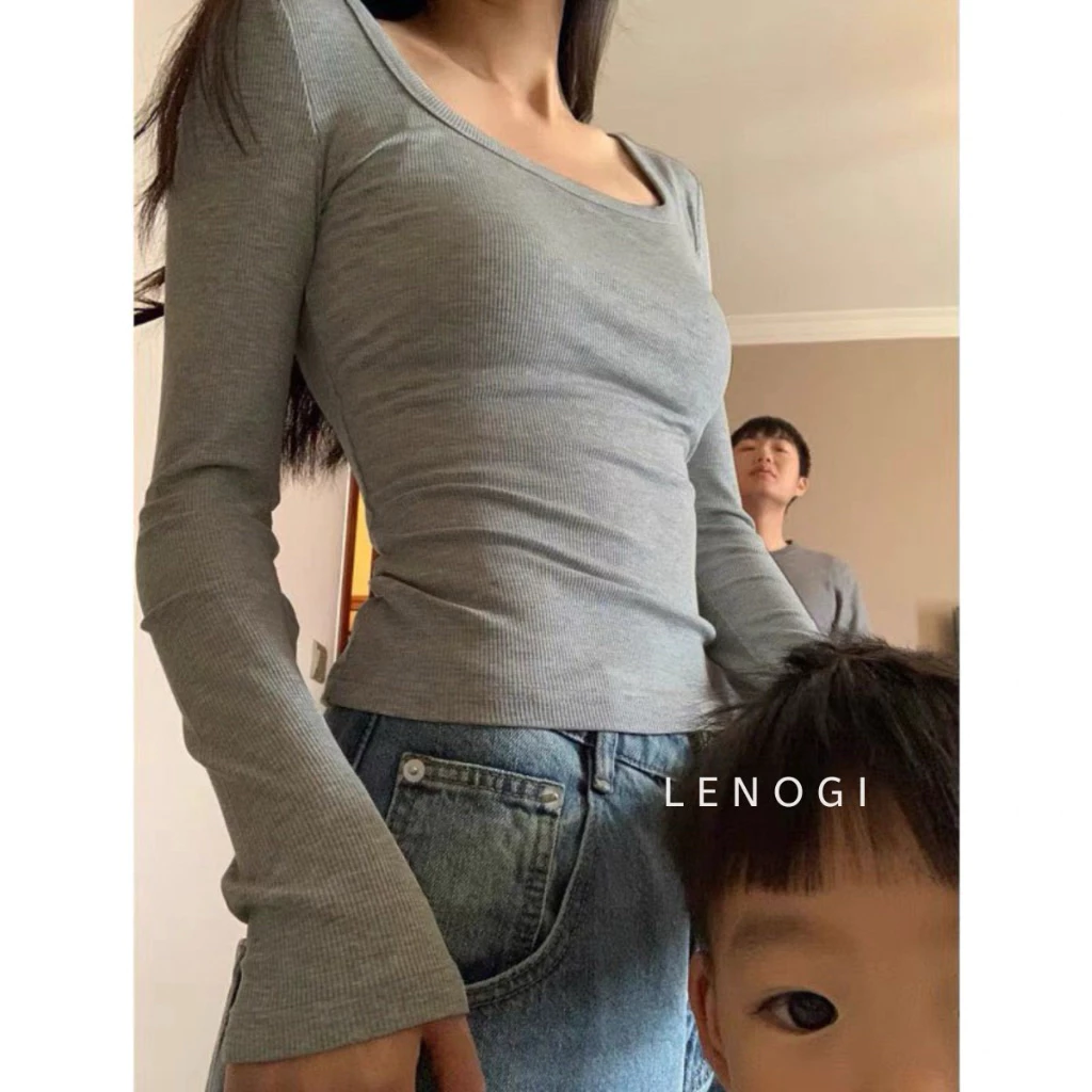 Áo thun nữ cổ vuông dài tay phong cách Hàn Quốc cá tính LENOGI dễ phối đồ