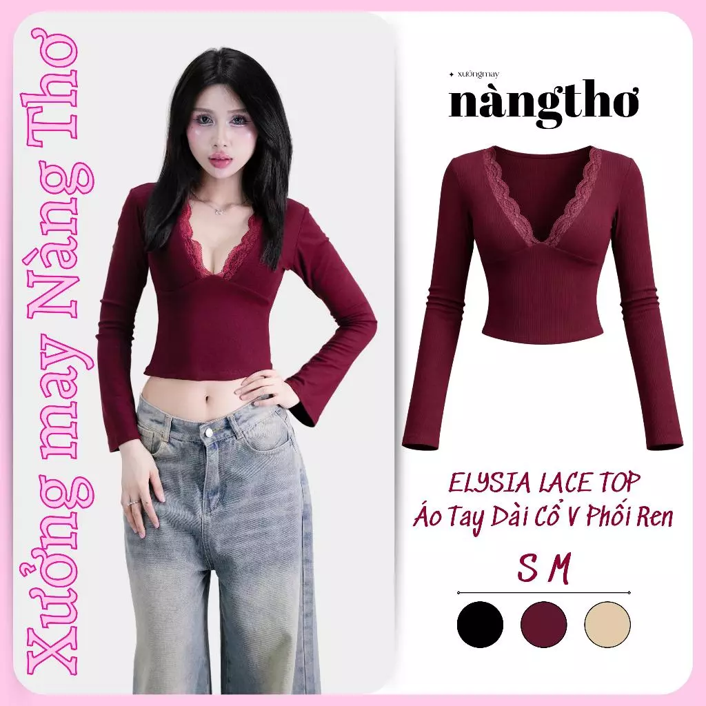 753 Áo Tay Dài Cổ V Phối Ren Form Ôm Body Quyến Rũ Chất Thun Cotton Mịn