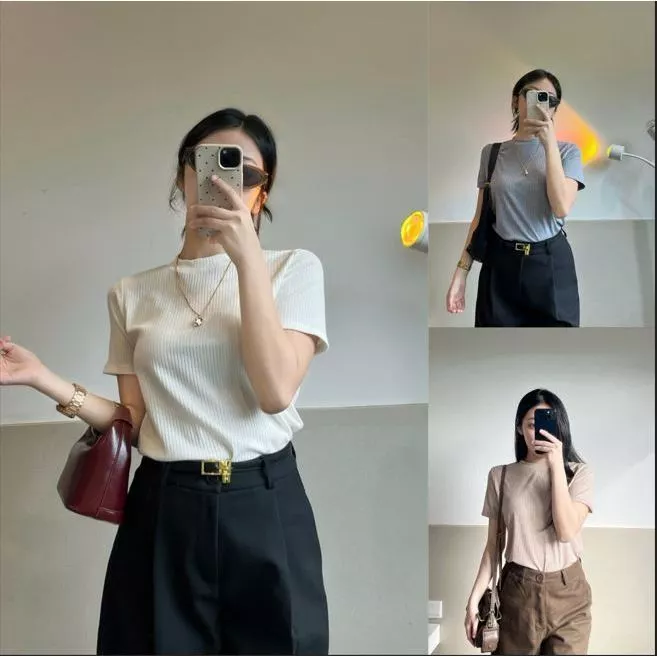 Áo Thun Nữ Babytee Chất Liệu Thun Gân Bo Đũa Cổ Tròn Ngắn Tay Kiểu Dáng Basic Trẻ Trung Hiện Đại