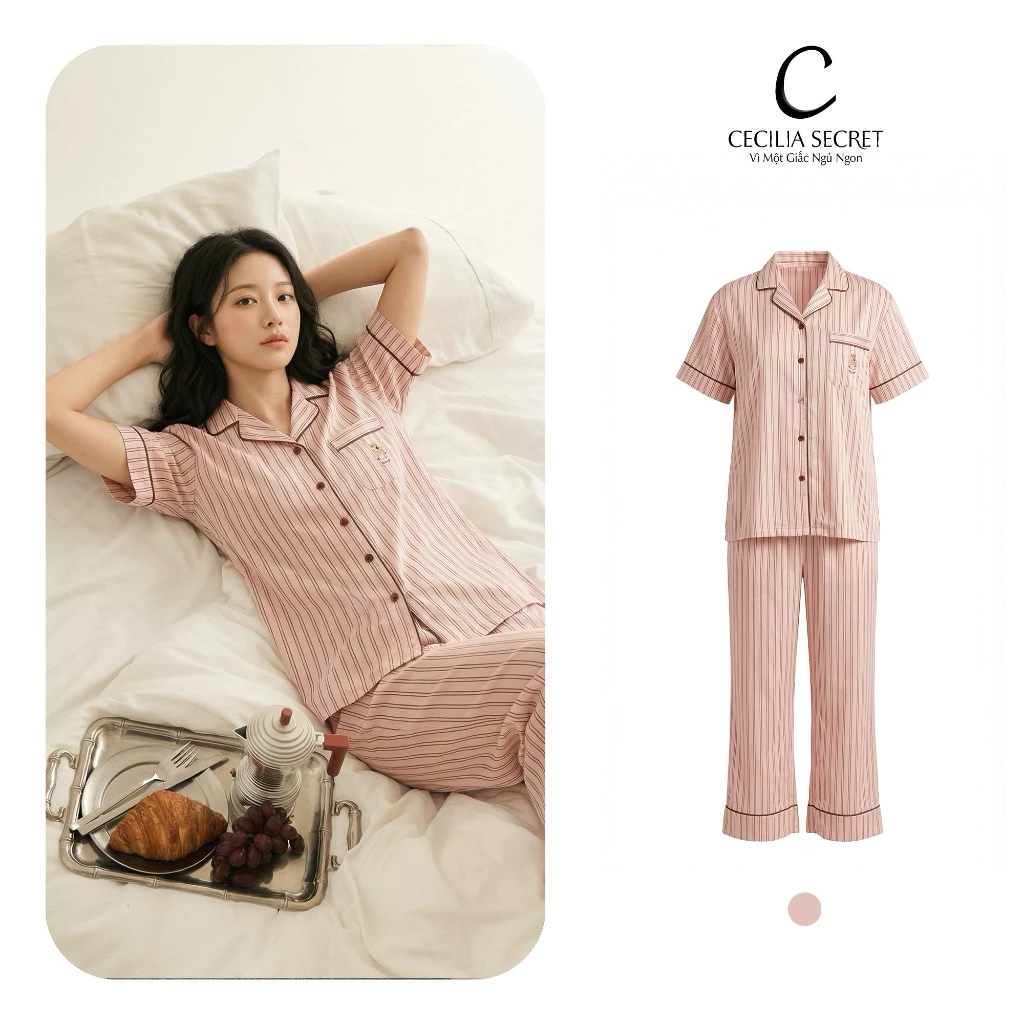 Set pijama Cecilia Gấu sọc hồng chất lụa pháp