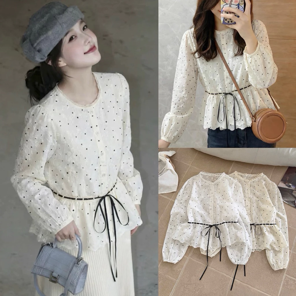 (Hàng Loại 1) Áo sơ mi thô mềm thêu hoa phối chấm bi rút dây eo thắt nơ Ulzzang A5470