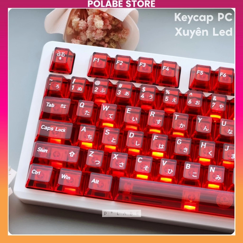 Keycap Red Japan PC Song Ngữ Nhật - Cherry Profile PC Xuyên Led Bàn Phím Cơ 68 75 87 104 108 Polabe